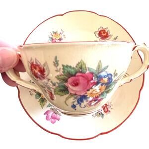 Vintage Coalport England Lady Sylvia flat bouillon soup cup & saucer sets (6)
